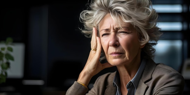 Elderly businesswoman with a cold wiping her nose with a handkerchief at her office desk Concept Portrait Office Environment Health and Wellness Elderly Lifestyle Emotions