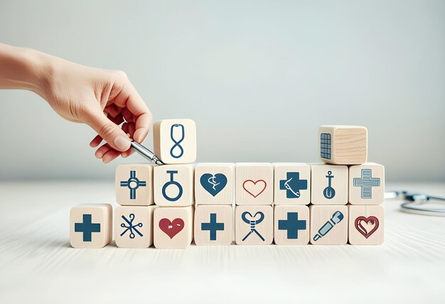 Photo elderly care concept hand holds wooden cubes with icons related to elderly care medical rehabilitation service nursing care for enhancing quality of life in elder age used for banner background