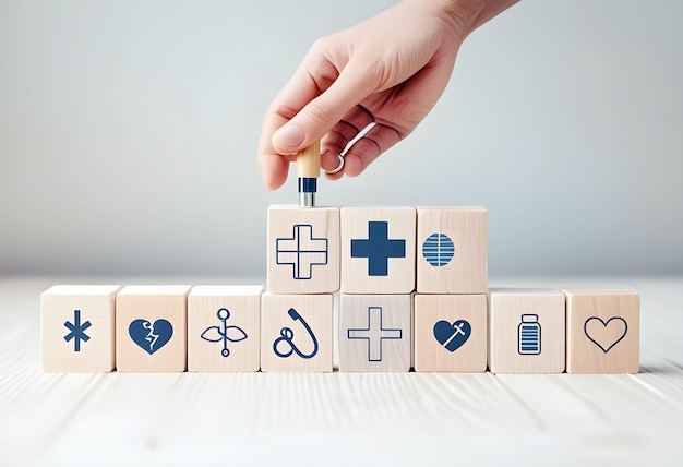 Photo elderly care concept hand holds wooden cubes with icons related to elderly care medical rehabilitation service nursing care for enhancing quality of life in elder age used for banner background