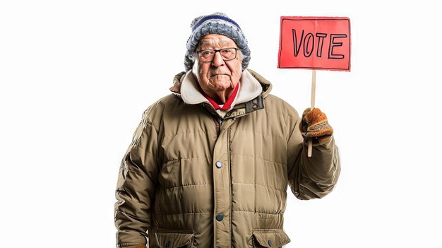 Elderly Caucasian man holding a VOTE sign Senior male citizen advocating for civic duty Concept of elections voting democracy political advocacy social involvement Isolated on white backdrop