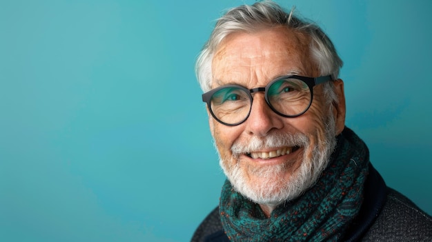 An elderly Caucasian man with glasses and a green scarf smiling