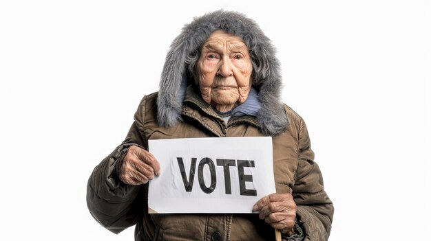 Elderly Caucasian woman holding VOTE sign Senior female citizen advocating for civic duty Concept of voting election democracy political advocacy social involvement Isolated on white background