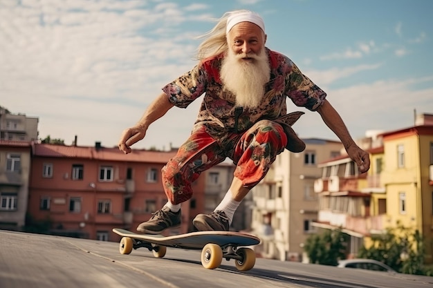 An elderly cheerful man with a gray beard rides a skateboard around the city