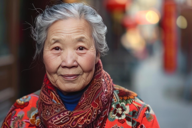 Photo elderly chinese woman smiling wearing red floral top