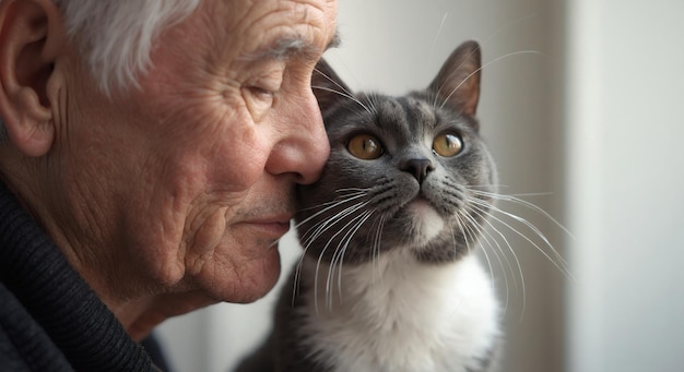 Photo elderly companionship senior man and cat share tender moment of connection