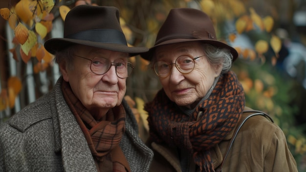 Elderly Couple in Autumn Attire Outdoors