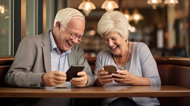 An elderly couple chatting on the phone with their family while sitting in a cafe