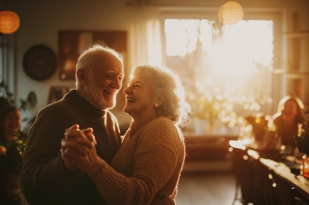 An elderly couple dances joyfully in a warm sunlit room Their laughter fills the air Cherished moments and love shine brightly Generative AI