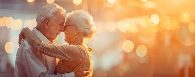 Elderly Couple Dancing Focus on an elderly couple dancing with a ballroom background empty space right for text