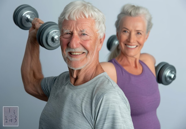 Photo elderly couple doing dumbbell curls at the gym smiling and happy with white hair