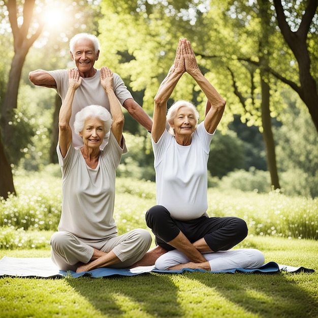 Photo an elderly couple doing yoga in the park with their arms raised