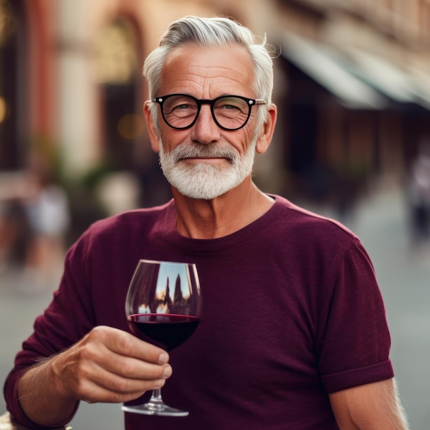 Elderly couple drinking red wine in city having fun Generative AI