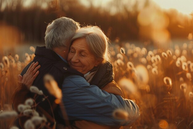 Photo an elderly couple embrace in a field of dandelions