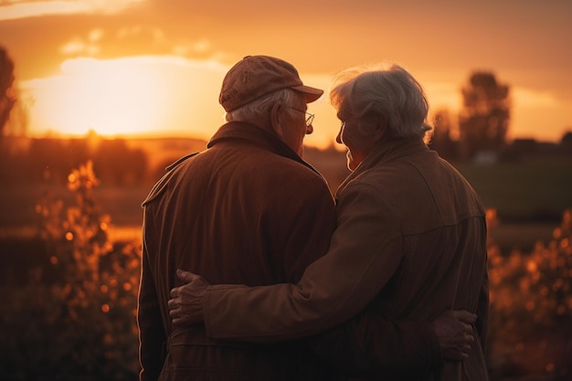 An elderly couple embraces in front of a sunset