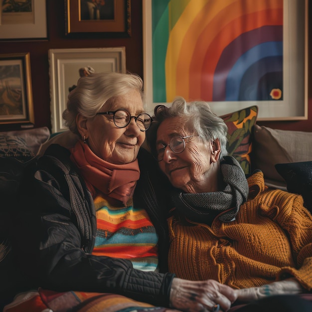 Elderly Couple Embracing Cozy Home Setting with Rainbow Artwork