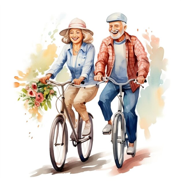 Elderly Couple Enjoying a Bicycle Ride with Helmets Ai