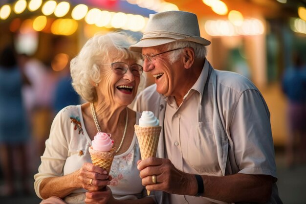 Elderly couple enjoying ice cream together