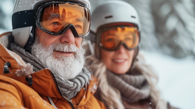 Elderly couple enjoying skiing at a snowy resort