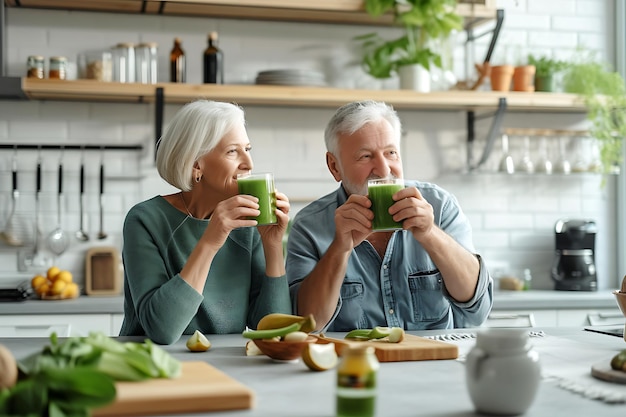 Elderly Couple Enjoying Spirulina Smoothies in Kitchen