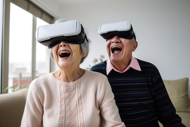 elderly couple enjoying virtual reality goggles