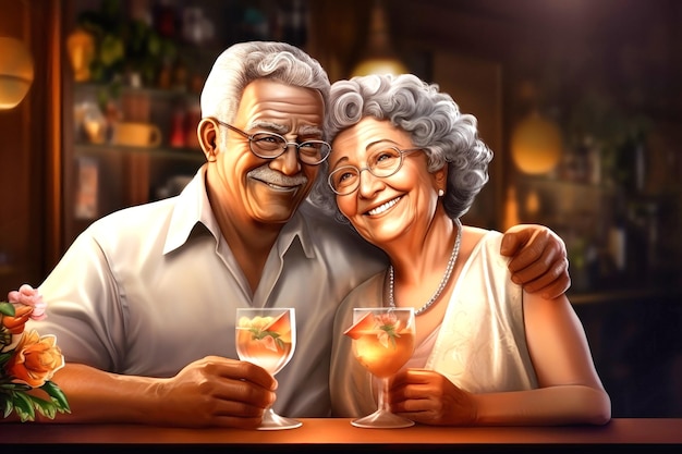 Elderly Couple Enjoying Wine Together at Restaurant Table