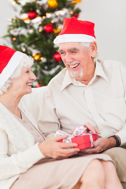 Elderly couple exchanging christmas gifts