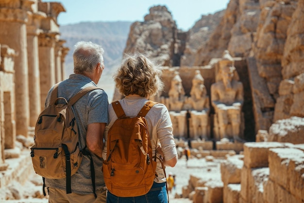 Photo elderly couple exploring ancient ruins on their travels