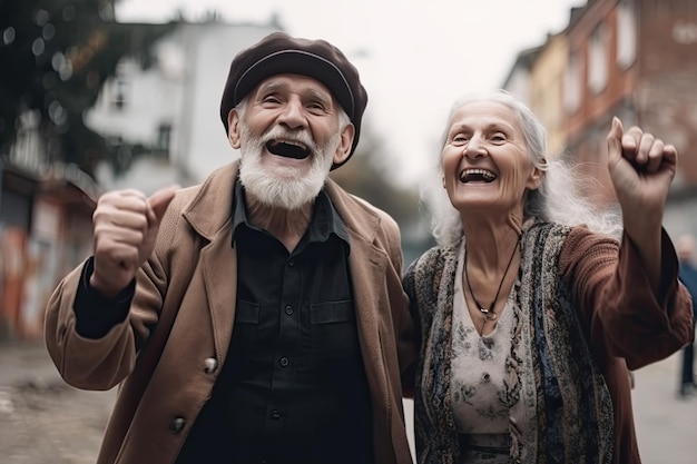 Elderly couple have fun at city street Happy old age Created with Generative AI