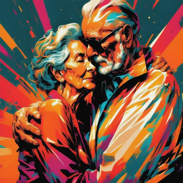 elderly couple holding each other romantically