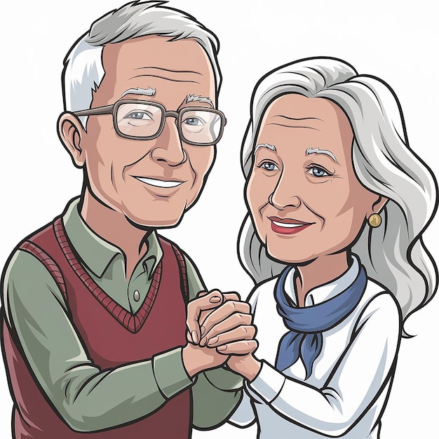 Photo elderly couple holding hands happy grandparents old people senior in cartoon style isolated on white background illustration