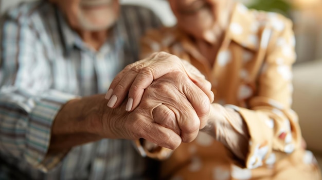 An elderly couple holding hands and smiling