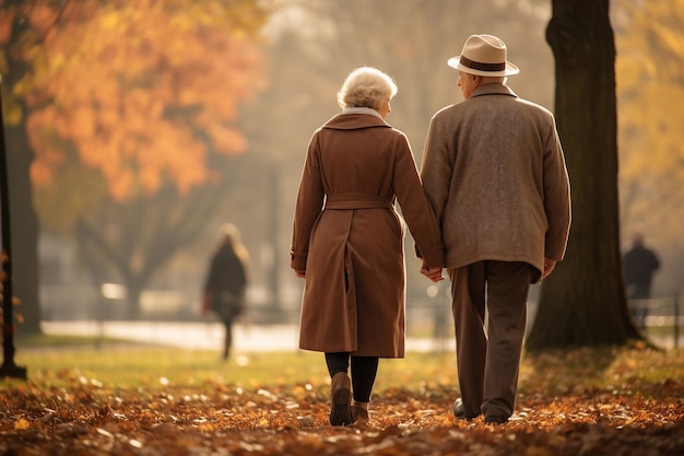 An elderly couple holding hands and walking in a park symbolizing enduring love and companionship i