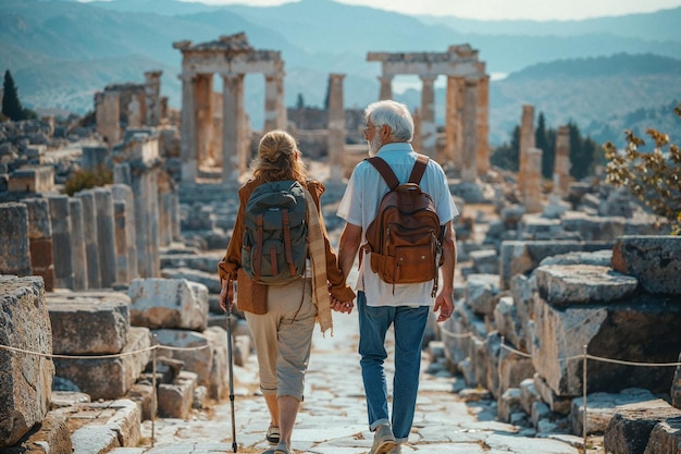 Photo elderly couple holding hands while exploring ancient ruins