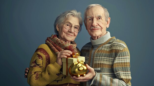 Elderly Couple Holding a Present Box with Golden Piggy Bank