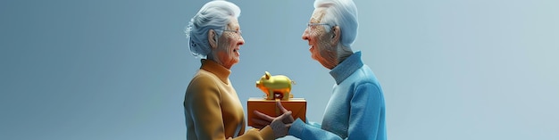 Elderly Couple Holding a Present Box with Golden Piggy Bank