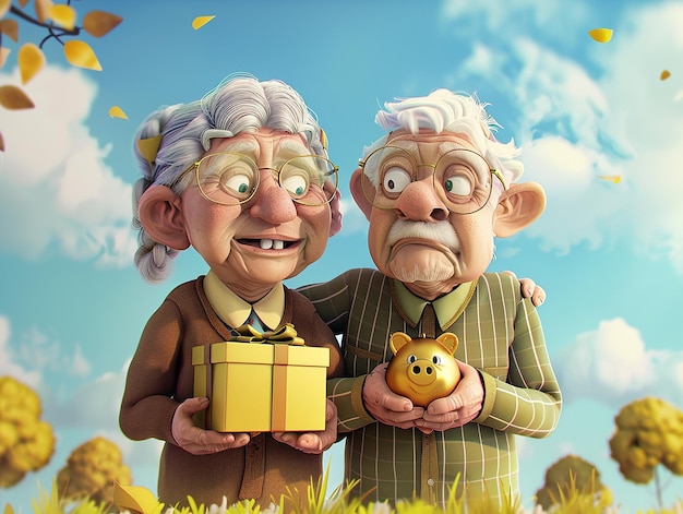 Elderly Couple Holding a Present Box with Golden Piggy Bank