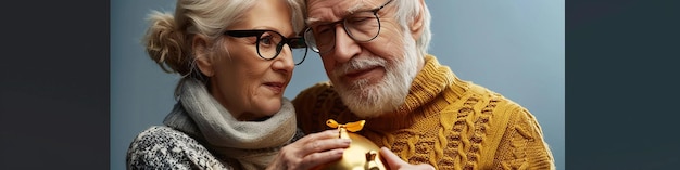 Elderly Couple Holding a Present Box with Golden Piggy Bank