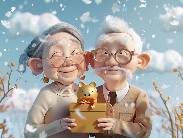 Elderly Couple Holding a Present Box with Golden Piggy Bank