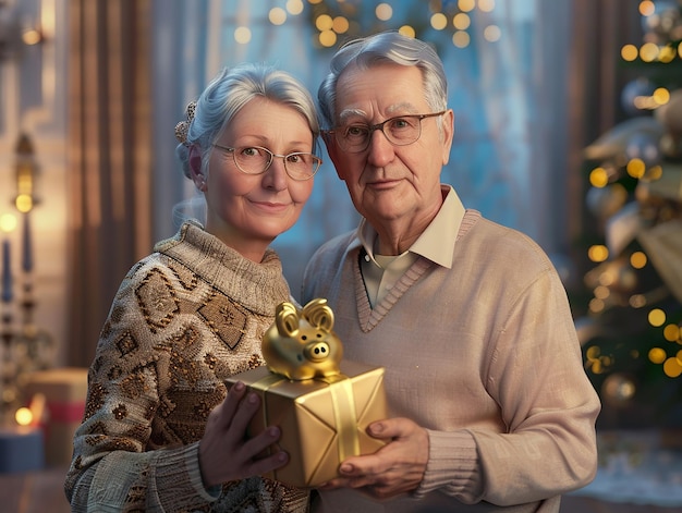 Elderly Couple Holding a Present Box with Golden Piggy Bank