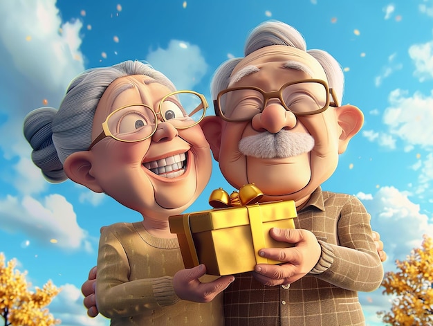 Elderly Couple Holding a Present Box with Golden Piggy Bank