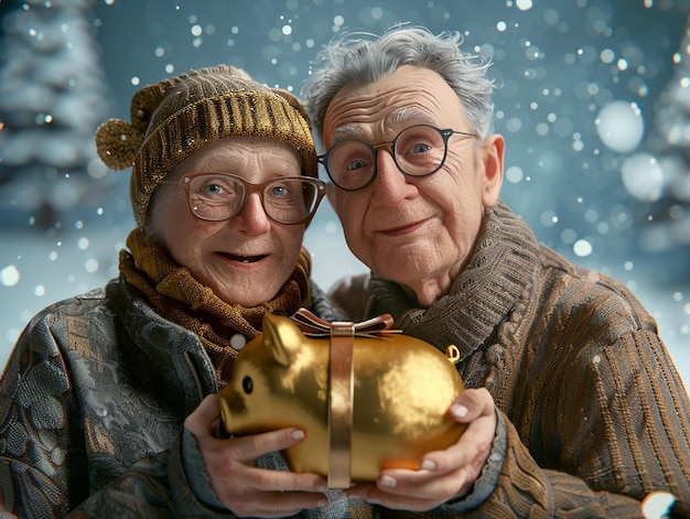 Elderly Couple Holding a Present Box with Golden Piggy Bank