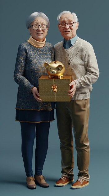 Elderly Couple Holding a Present Box with Golden Piggy Bank