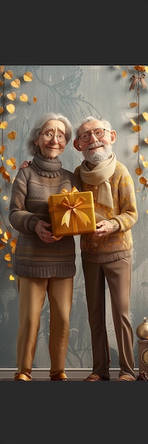 Elderly Couple Holding a Present Box with Golden Piggy Bank