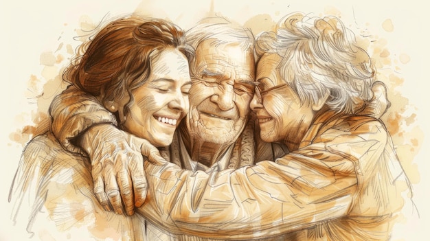 An elderly couple is hugging their daughter The daughter is smiling The background is white The imag