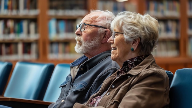 An elderly couple is sitting in a library looking at something with interest The man has a white beard and is wearing glasses