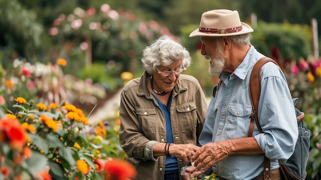 An elderly couple is standing in a garden full of flowers The woman is smiling and looking at a flower while the man is looking at her