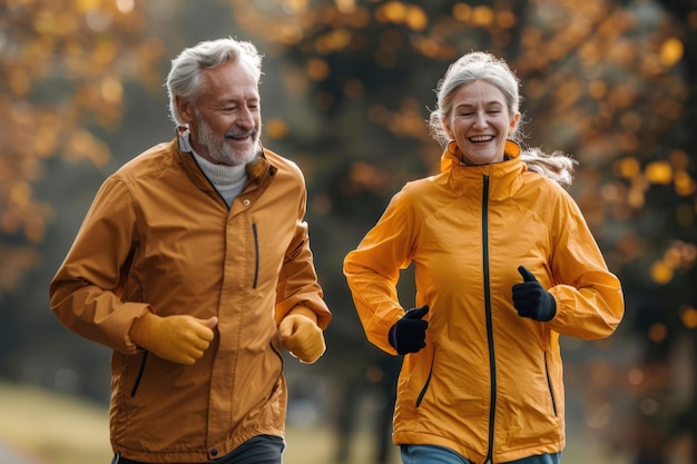 Elderly couple joyfully jogging in city park