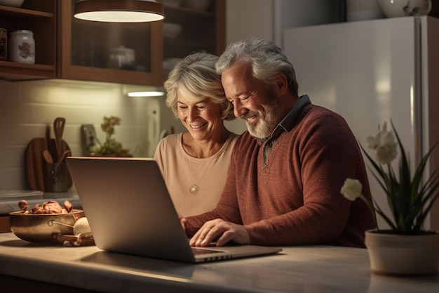 Elderly couple looking at laptop Using laptop together Older people and computer