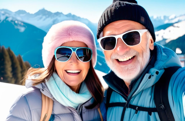 an elderly couple a man and a woman with glasses smiling in winter in the mountains