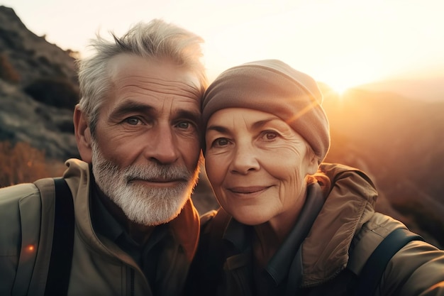 Elderly couple of pensioners travel in nature in mountains at sunset Generative AI